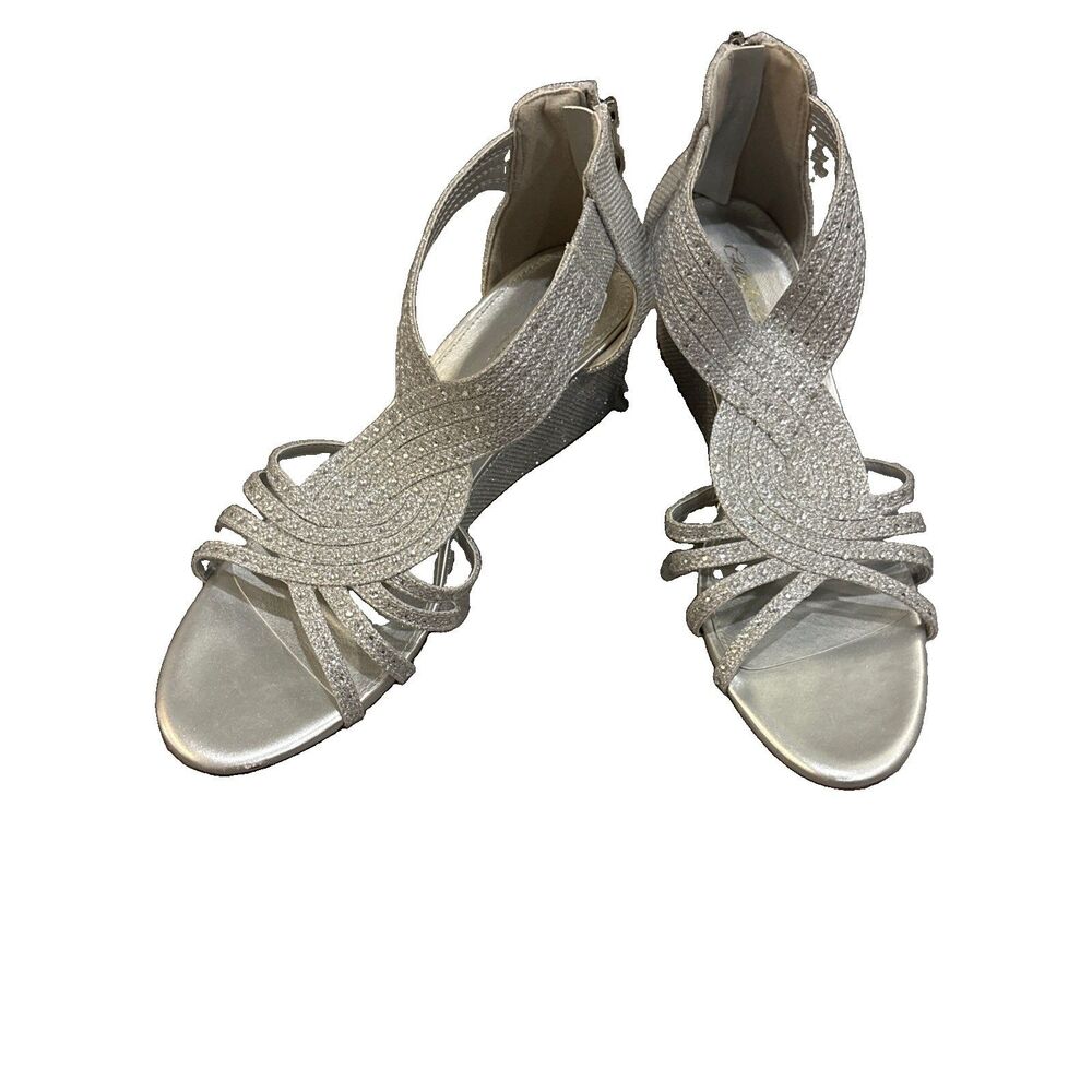 Gufobela Shoes Womens Size 10.0 Silver Wedge Sandals Glitter Rhinestone Dress